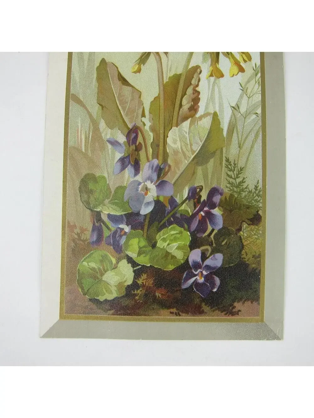 Victorian Christmas Card Flowers Violets Purple Green Leaves Girl Bonnet Antique